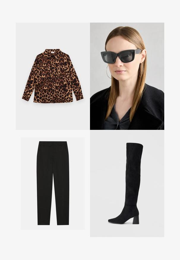 Leopard print shirt featuring a button-up design, long sleeves, two chest pockets, and a collar. Made of soft fabric with a warm color palette.; Black trousers with a tailored design, featuring side pockets and a straight leg. Made from smooth, lightweight fabric with a sleek finish.; Black suede knee-high boot with block heel, pointed toe, and smooth, seamless design on a plain light background.; Black cat-eye sunglasses with dark lenses, thick frames, and subtle accents. Worn with a black coat and gray top, featuring long straight hair.