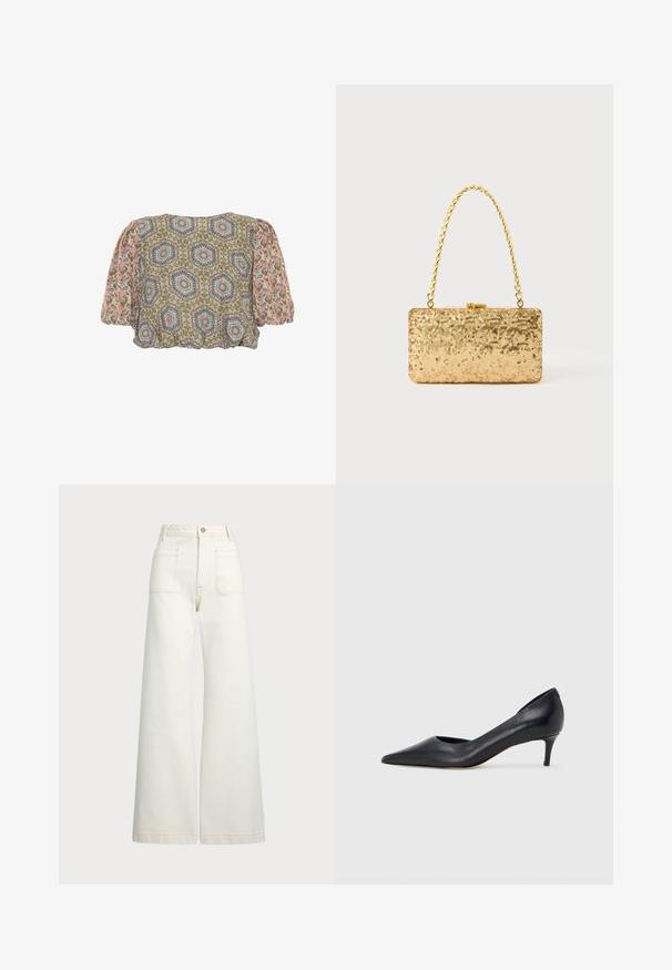 Korte mouw, cropped blouse met een meerkleurig hexagonaal en paisleypatroon op een lichte stof; heeft pofmouwen en een gathered zoom.; Wijd-zit jeans van off-white denim. Hooggaande taille met een knoopsluiting, twee voorzakken en contrasterende stikdetails.; Zwarte leren pump met een puntige neus en lage hak. Heeft een gladde textuur en een subtiele glans. Open uitsparing aan de voorkant voor extra detail.; Gouden pailletten clutch in rechthoekige vorm, met een gedraaide kettinghandvat en een metalen sluiting, die het licht reflecteert met een gestructureerde afwerking.