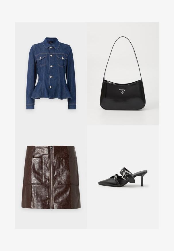 Sötétkék farmerdzseki, szűkített derékkal, gombos előlappal, két mellzsebbel és hosszú ujjal. Jellemzője a csúcsos gallér és a diszkrét varrási részletek.; Barna műbőr mini szoknya, elülső cipzárral, két nagy elülső zsebbel és sima, fényes felülettel.; Fekete magassarkú mules, hegyes orral, sima bőrből készült. Széles bokapántja van, négyzet alakú ezüst csattal és szegecsekkel.; Fekete lakkbőr válltáska ívelt formával, ezüst háromszög logóval és cipzáros záródással. Simaság jellemzi és vékony pántja van.