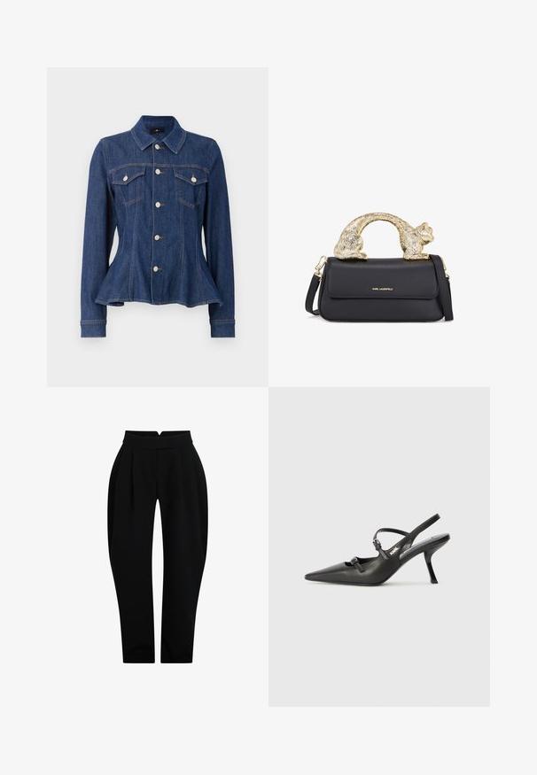 Mørkeblå denimjakke med en tætsiddende talje, knaplukning foran, to brystlommer og lange ærmer. Har spids krave og subtile syninger.; Sorte skræddersyede bukser med høj talje, der har folder foran, en glat tekstur og smalle ben for en tætsiddende silhuet.; Sorte læder slingback hæle med spids tå, slank hæl og dekorativ spænde detalje på vampen. Glat tekstur og strømlinet design.; Sort læderhåndtaske med et håndtag formet som en guldkat, som har en frontklap, justerbar rem og logo-detalje på den nederste front.