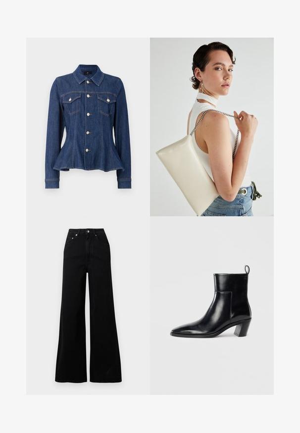 Mørkeblå denimjakke med en tætsiddende talje, knaplukning foran, to brystlommer og lange ærmer. Har spids krave og subtile syninger.; Sorte jeans med vide ben lavet af denim, med høj talje, fem lommer, knaplukning foran og minimal syning.; Sort læder ankelstøvle med spids tå, geometrisk stablet hæl og en løftestrop bagpå. Glat tekstur og slankt design.; Hvid rektangulær clutch-taske lavet af skinnende materiale, med en sølv kædetransport. Modellen poser, mens hun fremviser tasken mod en ensfarvet baggrund.