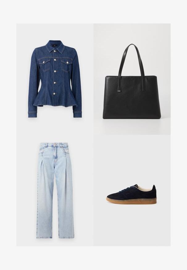 Temno modra jeans jakna z oprijetim pasom, gumbom spredaj, dvema žepoma na prsih in dolgimi rokavi. Ima izstopajoč ovratnik in subtilne šive.; Svjetloplave traperice visoko struka, širokog kroja, s dva bočna djepa i naboranim dizajnom. Mekana tekstura s izblijedjelim završetkom.; Temno modni semiš športni copat z gumijastim podplatom, modrimi vezalkami in minimalističnim dizajnom. Na strani je vrezan logotip in notranjost je gladka.; Črna usnjena torba s two dolgimi ročaji, pravokotne oblike, teksturirane površine in minimalističnega dizajna. Brez vidne strojne opreme ali dodatkov.