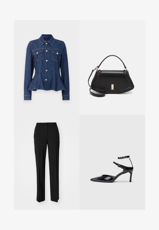 Dark blue denim jacket with a fitted waist, button front, two chest pockets, and long sleeves. Features peaked collar and subtle stitching details.; Black tailored trousers with a straight-leg design, featuring a smooth texture and crisp creases along the front. No visible hardware.; Black patent leather heels with a pointed toe, adjustable ankle straps, and a slender heel. Smooth texture with a shiny finish.; Black leather handbag with a structured design, featuring a cropped shape, top handle, and gold hardware accent. Adjustable shoulder strap included.