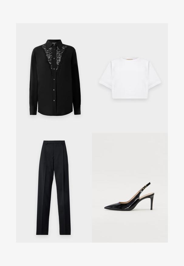 Camicia nera a maniche lunghe con bottoni, dotata di dettagli in pizzo lungo il davanti e colletto a punta.; T-shirt bianca cropped realizzata in tessuto morbido, con maniche corte, scollo rotondo e dettagli a costine sull'orlo. Design semplice e senza fronzoli.; Pantaloni neri realizzati in tessuto morbido, caratterizzati da vita alta, gambe larghe, pince frontali e classiche passanti per cintura. Non ci sono tasche laterali visibili.; Pumps slingback in pelle verniciata nera con punta affilata, tacco sottile e un design con ritagli delicati. Caratterizzate da una fibbia dorata sul cinturino.
