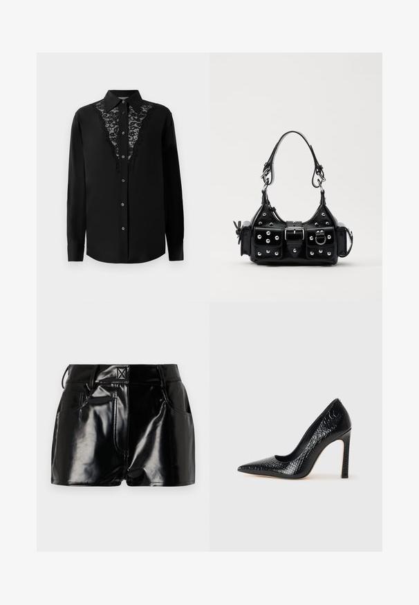 Čierna dlhá button-up košieľka s čipkovaným panelom po prednej strane a špicatým golierom.; Čierne lesklé šortky vyrobené z syntetického materiálu. Majú priliehavý pás, pútka na opasok a predné vrecká s výraznými švovými detailmi.; Čierna lodička s špicatou špičkou a lakovanou textúrou krokodíla, s elegantným dizajnom, vysokým stiletto podpätkom a hladkým čiernym interiérom.; Čierna kožená kabelka s zakriveným dizajnom, doplnená striebornými cvočkami, prackou a dvoma bočnými vreckami. Nastaviteľný popruh poskytuje rôzne možnosti nosenia.
