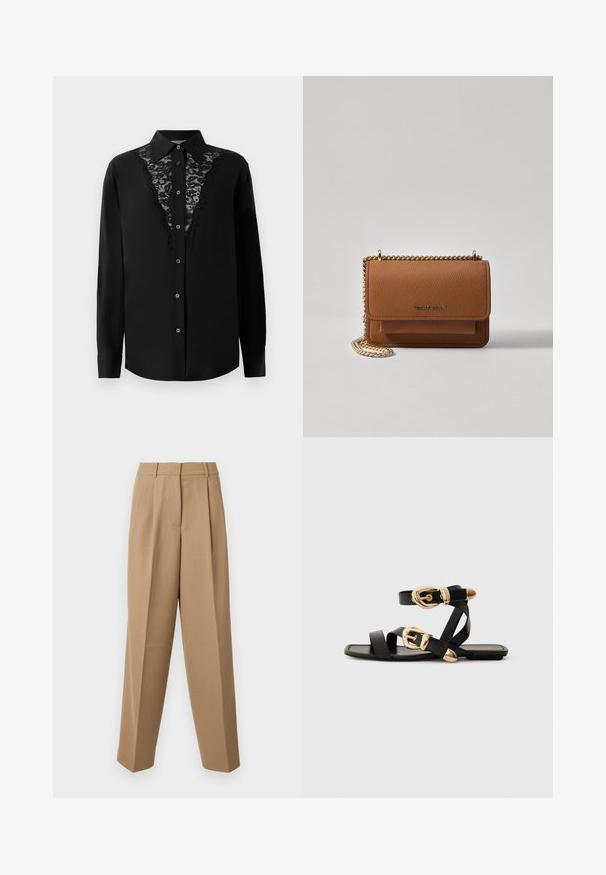 Black long-sleeve button-up shirt with lace panel detailing down the front and a pointed collar.; Beige tailored trousers with a high waist, pleated front, and wide-leg cut. The fabric appears smooth with a slight sheen.; Black leather sandals with gold buckle accents, featuring multiple straps and a flat sole design for open-toe wear.; Brown textured leather crossbody bag with gold chain strap and flap closure. Front features logo detail and a pocket under the flap.