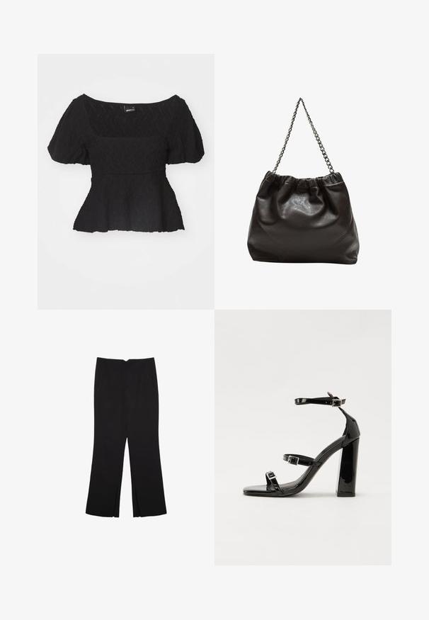 Top peplum nero con maniche corte a sbuffo, superficie testurizzata e ampio scollo quadrato,realizzato in materiale leggero.; Pantaloni neri a gamba dritta, con tasche frontali e spacchi laterali all'orlo. Realizzati in tessuto morbido e liscio. Adatti a diverse occasioni.; Sandali con tacco in vernice nera, con punta squadrata, cinturini alla caviglia e fibbie in argento. Presentano un tacco a blocco spesso per maggiore stabilità.; Borsa in pelle marrone con parte superiore arricciata e tracolla a catena. Texture liscia con finitura lucida e dettagli di cucitura sottili sui lati.