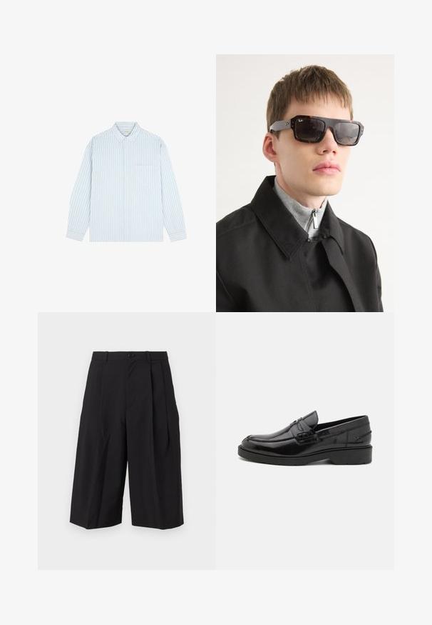 Scalpers Camicia - light blue stripes; Shorts neri plissettati realizzati in un tessuto con una superficie liscia, dotati di chiusura frontale con bottone e gamba ampia e morbida.; Mocassini in pelle nera con finitura liscia, punta arrotondata, tacco basso e cuciture decorative lungo la parte anteriore. Suola in gomma per una migliore aderenza.; Occhiali da sole tartarugati con accenti neri e forma rettangolare. Le stanghette grigie presentano il logo del marchio. Indossati con un cappotto nero e un top grigio a collo alto.