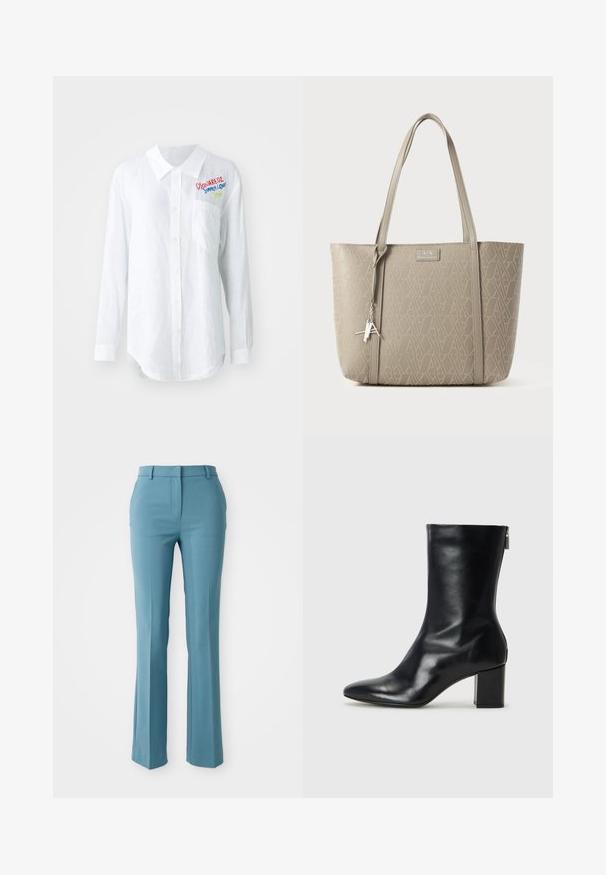 Camicia bianca a maniche lunghe in lino, con colletto a punta, chiusura con bottoni, tasca a sinistra e testo ricamato colorato sul petto.; Pantaloni su misura in tessuto turchese chiaro, con taglio dritto, parte anteriore piatta e passanti per cintura. Texture liscia con dettagli delle pieghe.; Stivale alla caviglia in pelle nera con punta affusolata e tacco a blocco di 4 cm. Design elegante con cerniera laterale per una facile calzata. Tessuto liscio.; Borsa a tracolla beige realizzata in materiale sintetico testurizzato, con un motivo geometrico su tutta la superficie, doppi manici e un accento di charm argentato.