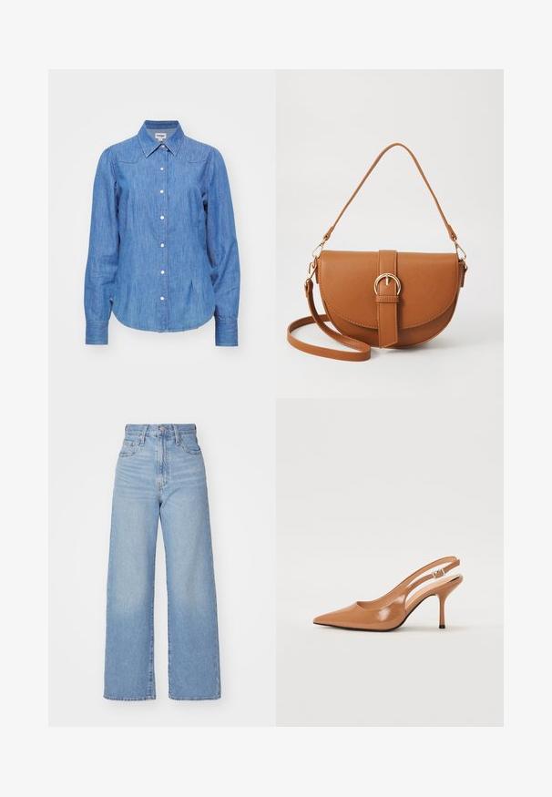 Jasnoniebieska koszula dżinsowa z długimi rękawami, spiczastym kołnierzykiem i zapięciem na guziki. Posiada detal yoke i zaokrąglony dół. Gładka tekstura.; Jasnoniebieskie jeansy z wysokim stanem i szerokimi nogawkami, z zapięciem na guziki i zamek z przodu, przednie i tylne kieszenie, na białym tle.; Sandały na obcasie z kwadratowym noskiem, wykonane z gładkiego, błyszczącego materiału w kolorze brązowym. Charakteryzują się zaokrąglonym wycięciem i smukłym obcasem typu stiletto. Detal w postaci srebrnej klamry.; Brązowa skórzana torba na ramię o zaokrąglonym kształcie, ze złotymi akcentami i zapięciem w formie klamry. Posiada odpinany pasek na ramię.