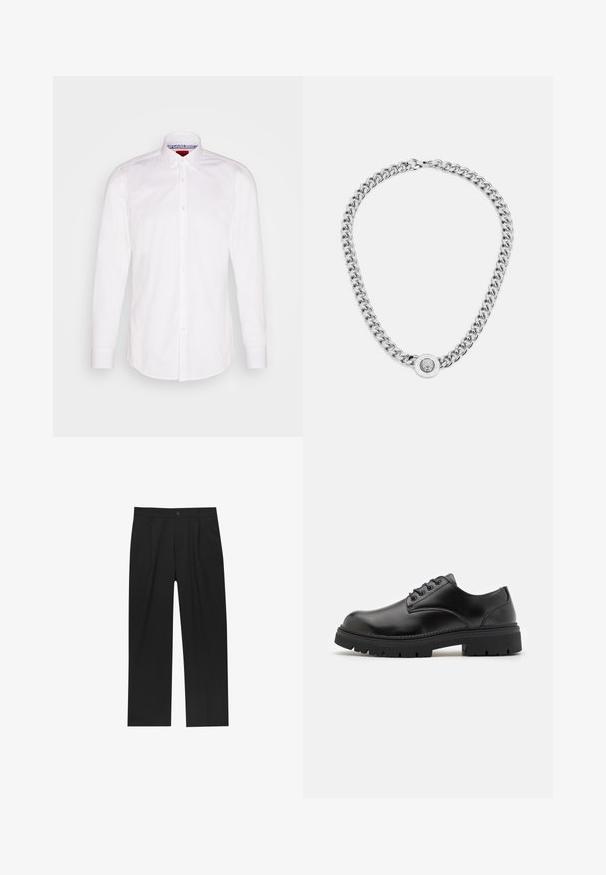 HUGO KOEY - Formální košile - open white; Černé kalhoty s rovnými nohavicemi, vyrobené z hladké tkaniny. Mají přední záhyby a jedno knoflíkové zapínání v pase.; Černé kožené boty s zaoblenou špičkou, šněrovacím designem a silnou, strukturovanou gumovou podrážkou. Vyznačují se prošíváním po okraji a hladkým povrchem.; Stříbrný řetízek s výraznými články a centrálním kruhovým přívěskem s propracovanými detaily. Hladký, lesklý povrch kovu.