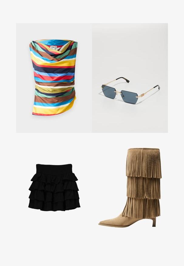Šarena marama s odvažnim horizontalnim prugama u nijansama plave, crvene, žute, smeđe i zelene. Glatka tkanina s drapiranim dizajnom.; Smeđi materijal s nabranim drapiranjem i jedinstvenim halter vratom. Ima glatku teksturu i elegantan siluetu.; Crna nabirana suknja s elastičnim pojasom, izrađena od mekog materijala s slojevitim, kaskadnim rufflesima za dodatnu teksturu.; Kratka čizma od tan sueda s tri sloja rese. Oštri vrh i niska blok peta. Glatka tekstura kroz cijelu čizmu.; Pravougaone naočale za sunce s tamnoplavim lećama, zlatnim metalnim okvirom i crnim vrhovima vrata. Prozirne nosne jastučiće i detalj s logotipom na vratima.