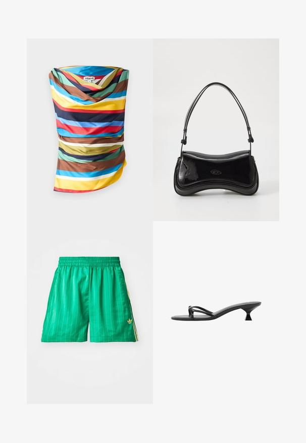Mångfärgad scarf med breda horisontella ränder i nyanser av blått, rött, gult, brunt och grönt. Slät tyg med draperad design.; Gröna sportshorts med vita vertikala ränder, elastisk midja och gula sidodetaljer. Har en liten guldig logotyp på nedre vänstra sidan.; Svarta klacksandaler med en strömlinjeformad design, tunna remmar och en unik triangulär klack. Slät textur med en minimalistisk look.; Svart lackläderhandväska med en böjd form, ett enda handtag och en rundad botten. Har en subtil logotypdetalj på framsidan.