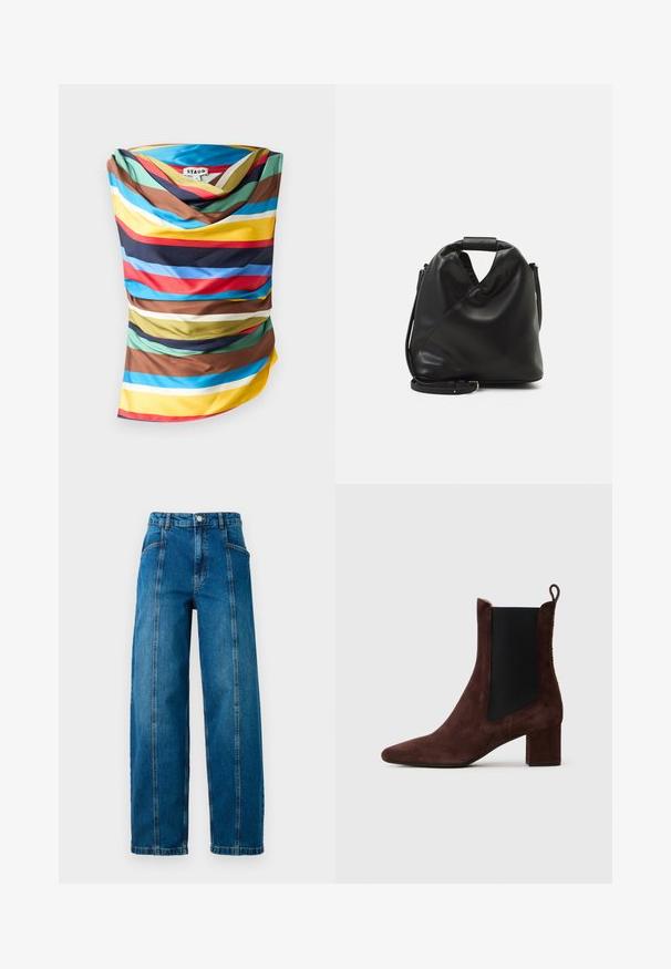 Pestrý šál s výraznými horizontálnymi pruhmi v odtieňoch modrej, červenej, žltej, hnedej a zelenej. Hladká tkanina s voľným dizajnom.; Džínsy s vysokým pásom v modrej farbe, so širokými nohavicami, prednými vertikálnymi švami, bočnými vreckami, pútkami na opasok a zapínaním na gombík.; Tmavo hnedá semišová členková topánka s blokovým opätkom, čierny elastický bočný panel a ťahací pútko na zadnej strane na svetlom pozadí.; Čierna, mäkká kožená taška s jedinečným zavinutým dizajnom. Disponuje krátkym uškom a odnímateľným ramenným popruhom. Minimalistický štýl.