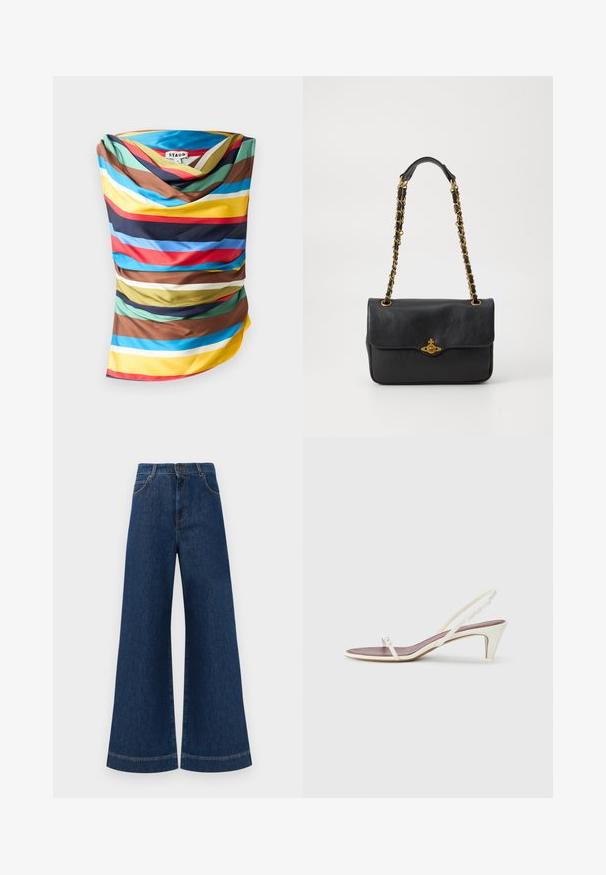 Écharpe multicolore avec de larges rayures horizontales dans des tons de bleu, rouge, jaune, marron et vert. Tissu lisse avec une conception drapée.; Jeans en denim bleu à taille haute et jambes larges, avec une fermeture à bouton, des passants de ceinture et des détails de couture subtils le long des poches et des ourlets.; Sandales blanches à talon léger avec des fines lanières et une texture en cuir lisse ; elles sont dotées d'une petite boucle décorative.; Sac à main en cuir noir avec un rabat, bandoulière en chaîne dorée et détail de logo à l'avant. Texture lisse.