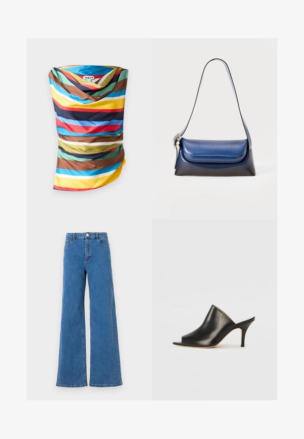 Dažādu krāsu šalle ar pamanāmiem horizontāliem svītrainiem zilā, sarkanā, dzeltenā, brūnā un zaļā krāsā. Gluda auduma šalle ar plūstošu dizainu.; Platas kāju zilo džinsu bikses ar augstu jostasvietu, priekšējiem kabatām un pogu aizdari. Audumam ir gluda tekstūra un klasiska dūriena raksts.; Melna ādas atvērta pirksta mule ar elegantu, izliekta dizaina, augstu stiletto papēdi un gludu tekstūru. Iekšpusei ir kontrastējoša gaiša krāsa.; Jūras spēku tumši zilas ādas rokassomu ar gludu virsmu, apaļu formu, salocītu augšdaļu un vienu plecu siksnu. Iekļauta sudraba aparatūra.