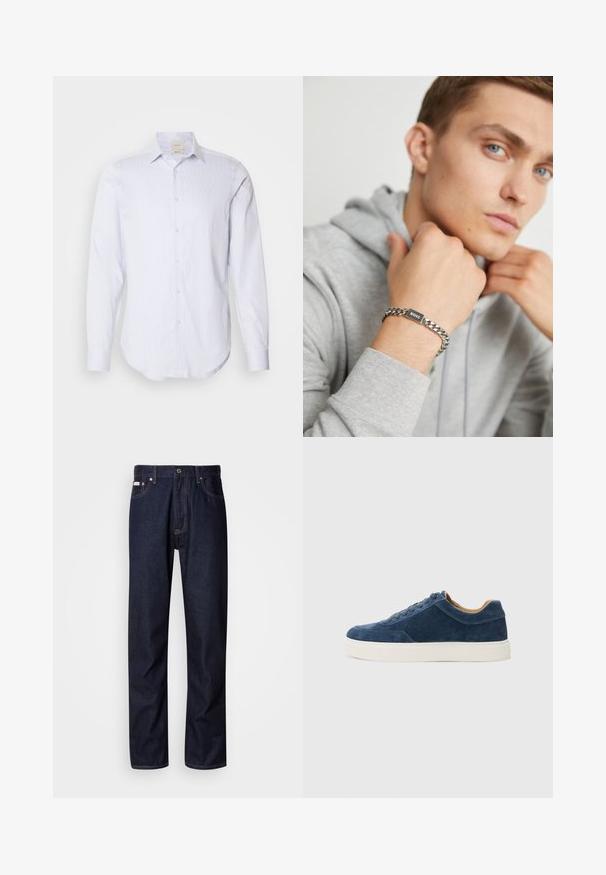 Modrá a biela pruhovaná košeľa s dlhým rukávom, ktorá má plne gombíkovú légou, špicatý golier a zaoblený lem. Vyrobená z bavlny, hladká textura.; Tmavomodré jeans z denimu so strihom s rovnými nohavicami, obsahujúce zapínanie na gombíky, päť vreciek a kontrastné stehy.; Modré semišové tenisky s bielou gumovou podrážkou, šnurovací dizajn, okrúhla špička a kontrastný hnedý interiér. Jemné detaily prešívania.; Strieborný náramok na retiazke so štvorcovou čiernou menovkou s vygravírovaným nápisom "BOSS." Nosí sa na ruke na pozadí sivej mikiny.