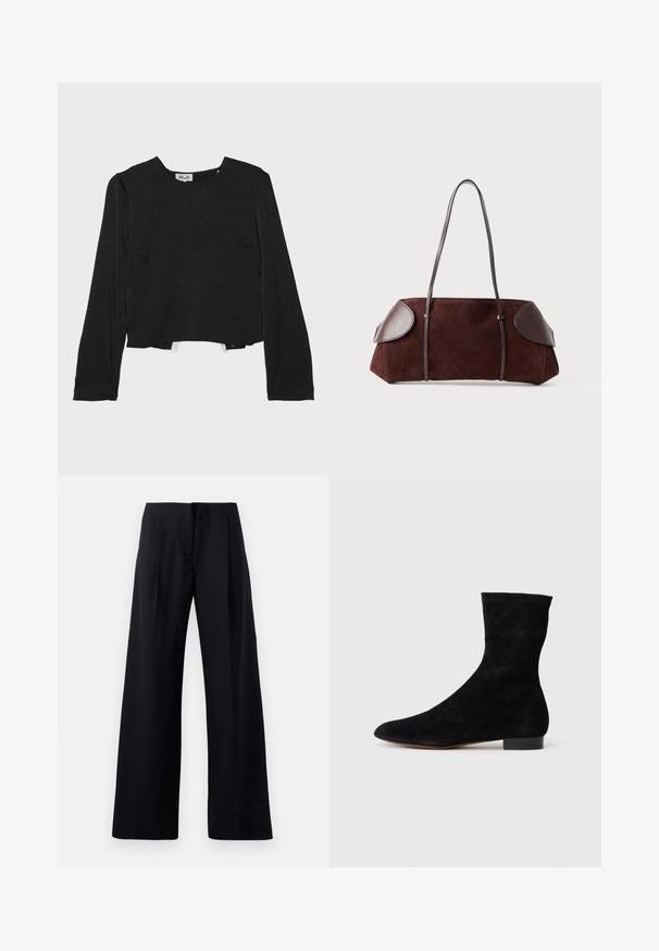 Melns garām piedurknēm tops ar apaļu kakla izgriezumu, teksturēta auduma, īss apakšmalē un diskrētām šuvēm, ar sānu kabatām papildu detaļai.; Melnas bikses ar svītrām, platās kājas dizains, ar asām krokām un tīru apdari. Izgatavotas no gludas, vieglas auduma.; Melnas zamšādas potīšu zābaki ar piegulošu kāju daļu, smailu purngalu un zemu bloku papēdi. Gluda tekstūra un minimālistisks dizains, piemērots dažādai stilizācijai.; Brūns zamšs somiņa ar ādas akcentiem, strukturēta forma, divi plecu siksnas un noapaļoti mali, ar gludu tekstūru un minimālu aparatūru.