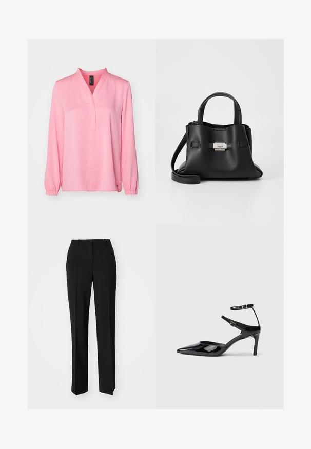Pink long-sleeve blouse with a V-neck, elastic cuffs, and a straight hem. Made of soft fabric with a smooth texture. No visible patterns.; Black tailored trousers with a straight-leg design, featuring a smooth texture and crisp creases along the front. No visible hardware.; Black patent leather heels with a pointed toe, adjustable ankle straps, and a slender heel. Smooth texture with a shiny finish.; Black leather handbag with a textured finish, featuring two top handles, a detachable shoulder strap, and a silver clasp detail.