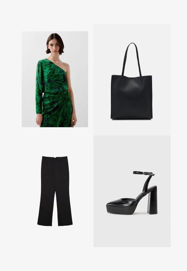 Zelené šaty na jedno rameno s dlouhým rukávem, s vířivým vzorem v tmavě zelené a purpurové, vyrobené z hladké tkaniny s drapovaným designem.; Černé kalhoty s rovným střihem, s předními kapsami a bočními rozparky na lemu. Vyrobené z jemné, hladké tkaniny. Vhodné na různé příležitosti.; Černé platformové podpatky s špičatou špičkou a nastavitelným kotníkovým popruhem. Vyrobeny z hladké kůže, s masivním blokovým podpatkem.; Černá kožená taška přes rameno s hladkým povrchem, obdélníkovým tvarem a dvěma dlouhými uchy. Žádné viditelné kování ani ozdoby.