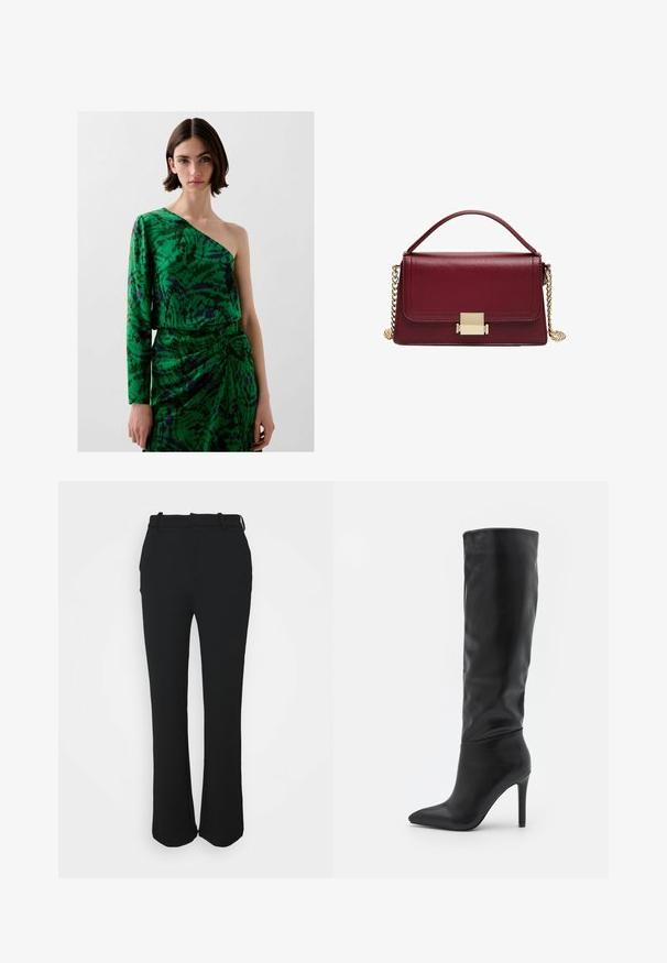 Green one-shoulder dress with a long sleeve, featuring a swirling pattern in dark green and purple, made from smooth fabric with a draped design.; Black, tailored trousers with a smooth finish, straight leg design, and a waistband. Features subtle stitching details and no pockets.; RAID TALISHA - Boots - black; Maroon leather handbag with a structured design, gold hardware clasp, and a removable chain strap. Smooth texture and rectangular shape.