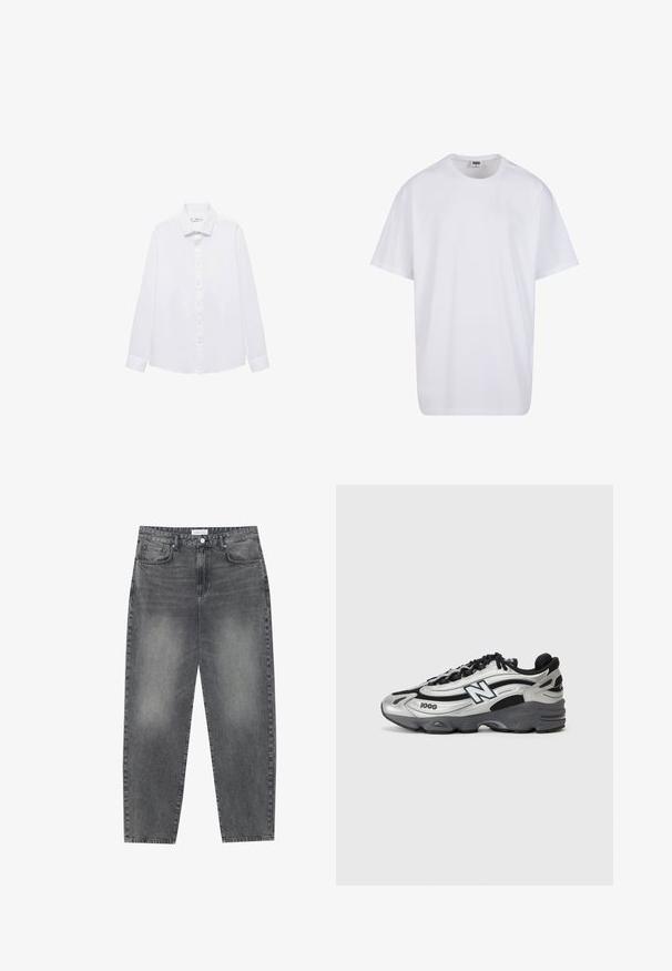 Mango Hemd - white; Weiße Baumwoll-T-Shirt mit kurzen Ärmeln, rundem Ausschnitt, lockerer Passform und ohne sichtbare Logos oder Muster. Glatte Textur und minimalistisches Design.; Hoch taillierte, locker sitzende Jeans aus verwaschenem schwarzem Denim. Verfügt über fünf Taschen, Gürtelschlaufen und ein sauberes, gerades Bein-Design.; Silberne und schwarze Sportschuhe mit einem Obermaterial aus Netzgewebe, gepolstertem Sohlendesign, Schnürverschluss und seitlichem Branding-Detail.