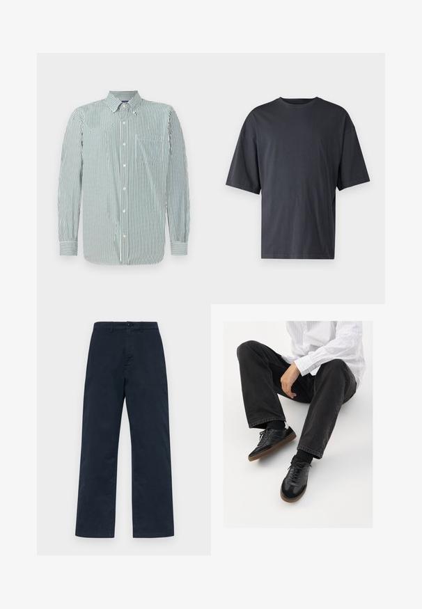 Striped button-up shirt in light green and white fabric, featuring a collar, long sleeves, and a single chest pocket. Vertical stripes pattern.; Dark gray short-sleeve t-shirt made of lightweight cotton, featuring a loose fit and classic crew neckline, with plain texture and no patterns.; Navy blue cotton trousers with a straight leg design, featuring a front button closure and belt loops. Simple, solid texture with no patterns.; Black sneakers with a smooth and textured upper, featuring a rubber sole and dark laces. Paired with black jeans and a white striped shirt.