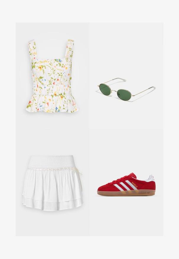 White floral top with green, blue, and pink patterns. Features wide straps, elastic waist, and peplum ruffle at the hem. Lightweight fabric.; White tiered skirt with an elastic waistband, featuring a textured smocking detail and a decorative ribbon accent. Cotton fabric.; Red suede sneaker with white three-stripe design and gold "Gazelle" text. Features a rubber gum sole and textured heel.; Gold-framed sunglasses with green oval lenses and thin metal arms. Features clear plastic tips on the arms for comfort.