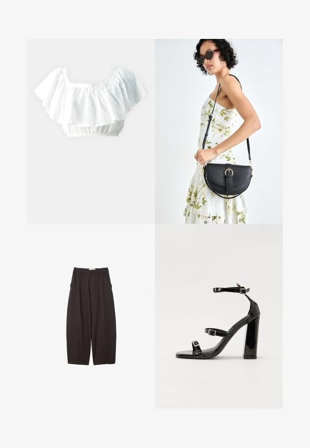 Valkoinen lyhyt blusa, jossa on rypytettyjä hihoja, neliönmuotoinen pääntie ja joustava helma. Ominaisuuksiin kuuluu hienovaraisia brodeerattuja kukka yksityiskohtia.; Mustat leveälahkeiset housut, jotka on valmistettu sileästä kankaasta. Niissä on korkea vyötärö, etupleatsit ja sivutaskut. Yksinkertainen muotoilu ilman koristeita.; Musta kiiltäväpintainen korkokengät, joissa on kaksi solkikiinnitystä, neliönmuotoinen kärki ja paksu korko, sileällä, kiiltävällä pintarakenteella.; Musta nahkainen käsilaukku, joka on kaareva muotoilultaan, irrotettavalla hihnalla ja kultaisilla yksityiskohdilla. Laukussa on läppä, jossa on solk yksityiskohta.