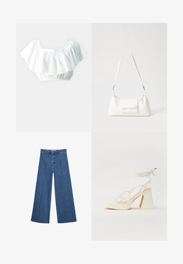 Bijela skraćena bluzica s volanima na rukavima, kvadratnim izrezom i elastičnim donjim dijelom. Sadrži suptilne izvezene cvjetne detalje.; Široke traperice u srednje plavoj boji, s visokim strukom, zatvaranjem na dugme i kontrastnim vertikalnim šavovima duž prednje strane.; Bijela sandala na visokoj potpetici s debelim petom, s remenom i vezanjem oko gležnja. Glatka tekstura s platformom sprijeda za dodatnu visinu.; Bijela sintetička torbica s trokutastim oblikom, ravnim prednjim poklopcem i detaljem u obliku mašne, podesivom remenom, glatkom teksturom i minimalističkim dizajnom.