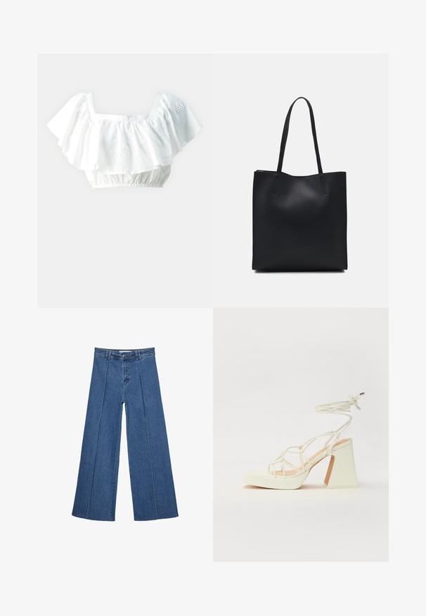 Bijela skraćena bluzica s volanima na rukavima, kvadratnim izrezom i elastičnim donjim dijelom. Sadrži suptilne izvezene cvjetne detalje.; Široke traperice u srednje plavoj boji, s visokim strukom, zatvaranjem na dugme i kontrastnim vertikalnim šavovima duž prednje strane.; Bijela sandala na visokoj potpetici s debelim petom, s remenom i vezanjem oko gležnja. Glatka tekstura s platformom sprijeda za dodatnu visinu.; Crna kožna torba za nošenje s glatkom teksturom, pravokutnim oblikom i dvije duge ručke. Nema vidljivih metalnih dijelova ili ukrasa.