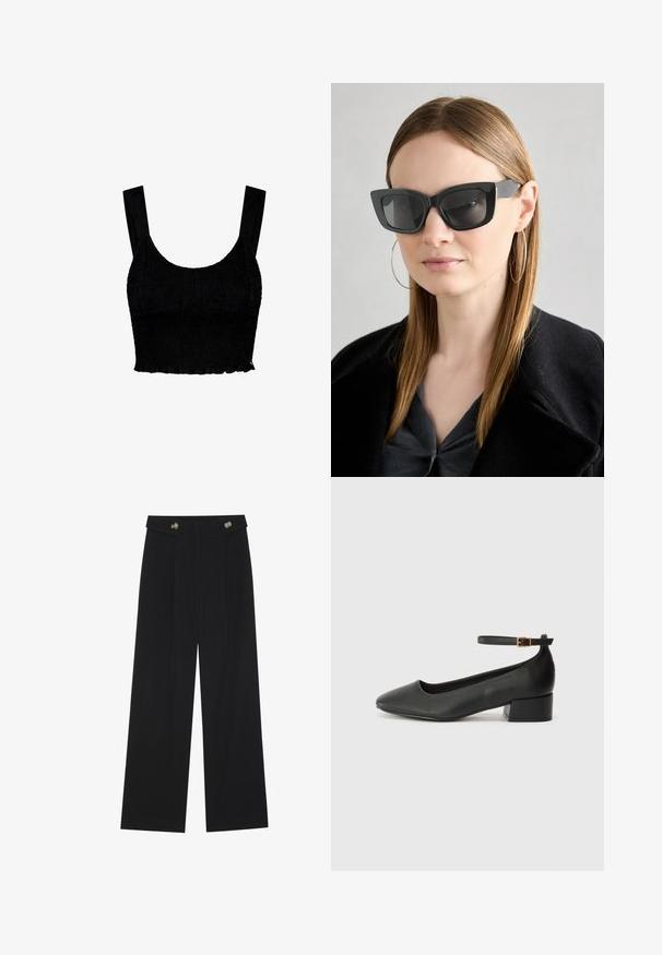 Crni korčani top napravljen od teksturirane tkanine s naboranim dizajnom. Ima široke naramenice i blago volanasti rub duž donjeg dijela.; Crne hlače širokih nogavica s visokim strukom, s dugmadi na pojasu i prednjim nabora.; Crne kožne pumpe s oštrim vrhom i niskom blok petom. Sadrže remen oko gležnja s zlatnim kopčanjem. Glatka tekstura.; Crne mačje naočale s tamnim staklima, debelim okvirima i suptilnim detaljima. Nosit će se s crnim kaputom i sivoj majici, s dugom ravnom kosom.