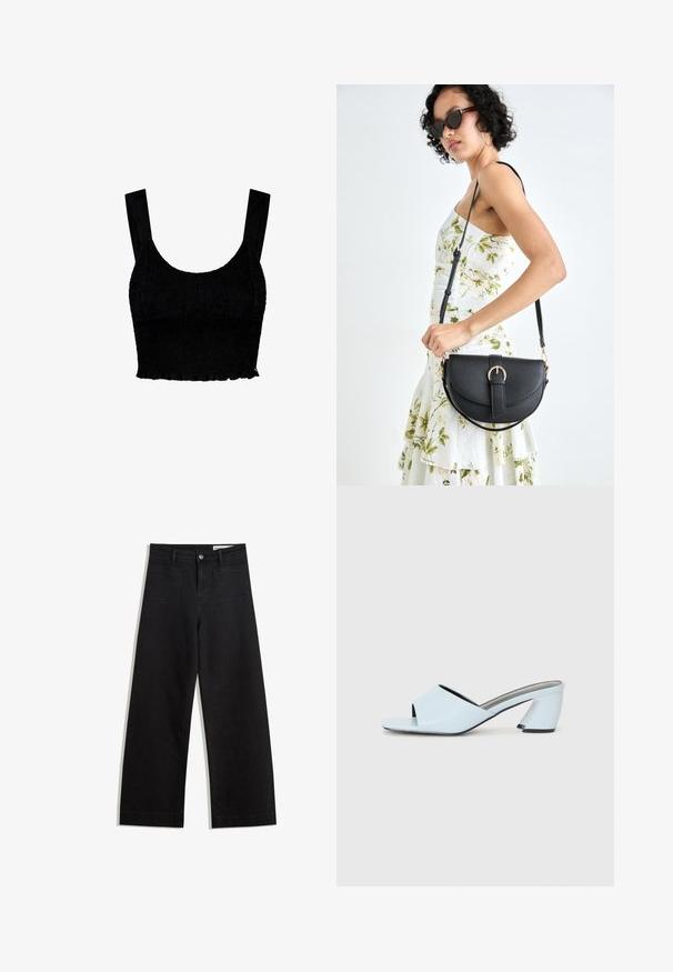 Top corto nero realizzato in tessuto testurizzato con un design arricciato. Presenta spalline larghe e un orlo leggermente volanato lungo il fondo.; Pantaloni in denim neri a gamba larga con vita alta, dotati di tasche anteriori e posteriori, cuciture a punto, e chiusura con bottone. Texture liscia.; Mule aperte di colore blu chiaro con punta aperta e design geometrico, dotate di una fascia larga che attraversa il piede e di un tacco spesso e angolare.; Borsa a tracolla nera in pelle con una forma curva, manico rimovibile e accessori dorati. La borsa presenta una patta con un dettaglio a fibbia.