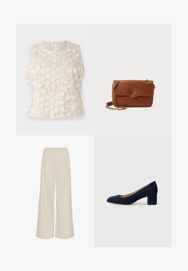 Top sem mangas creme com bordados florais, apresentando um decote redondo e um fecho em gota nas costas. Tecido transparente com detalhes delicados e textura.; Calças largas em tecido bege claro, com pregas, cintura alta e uma textura suave sem adornos visíveis.; Salgados de camurça azul-marinho com bico fino e um salto quadrado de altura média. Textura suave com um ligeiro brilho e um pequeno corte na parte da frente.; Bolsa de ombro em couro castanho com fecho em aba, acessórios em dourado e alça de corrente. Textura suave, forma retangular, detalhes mínimos.