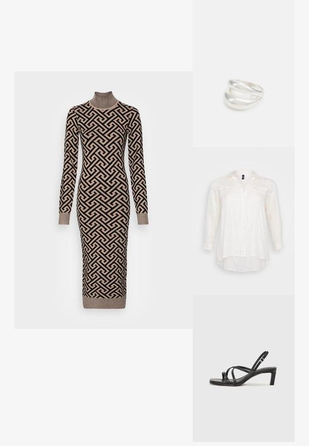 Bela srajca z gumbi in zlatimi črtami, s pewnikom V, dvema žepoma na prsih in dolgimi rokavi s podrobnostmi na manšetah. Mehak tekstilen videz.; Knit obleka z dolgimi rokavi in visokim ovratnikom, ki se ponaša z geometrijskim vzorcem v črni in bež barvi, rebrastimi manšeti in prilegajočo silhueto.; Črne natikače s trakovi in kvadratnim prstom ter nizkim blokastim peto. Imajo več tankih trakov in nastavljiv trak okoli gležnja. Narejene so iz gladkega usnja.; Črna usnjena torba čez ramo z gladko teksturo, pravokotno obliko in kovinskim verižnim detajlom spredaj. Vključena je nastavljiva naramnica.; Srebrn dvojni prstan z gladko, polirano površino. Ima tekoč, ukrivljen dizajn z prekrivajočimi se sekcijami za sodoben videz.