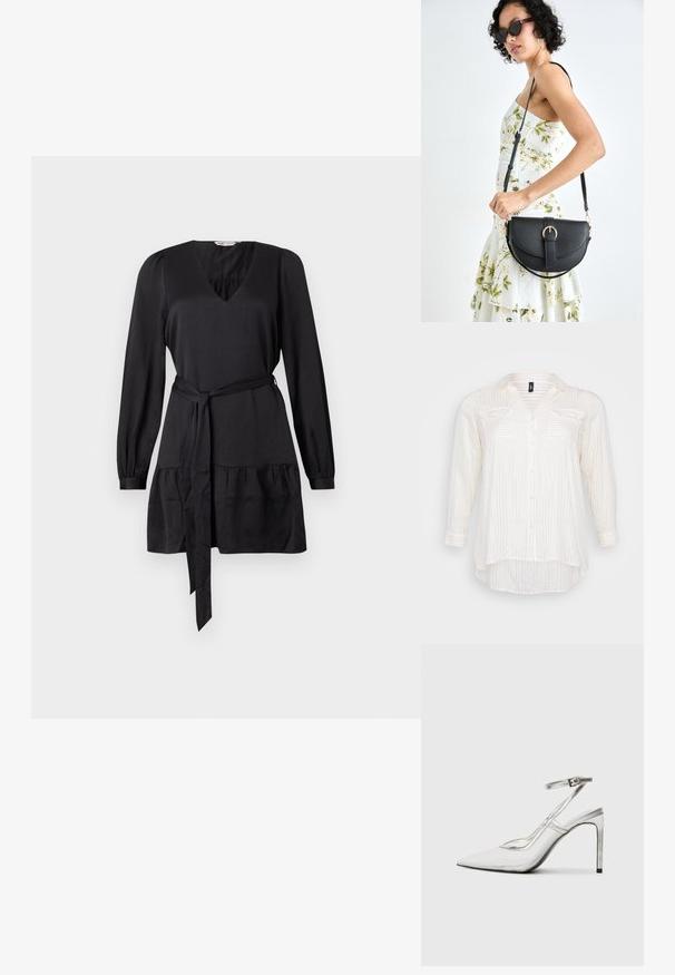 Balta marškiniai su aukso juostelėmis, V formos iškirpte, dviem krūtinės kišenėmis ir ilgomis rankovėmis su įrengimais. Minkšta medžiagos tekstūra.; Juodas suknelė su V formos iškirpte, ilgomis rankovėmis ir raišteliu. Apatinėje dalyje užbaigta susirinkusios pakopos, suteikiančios papildomą tekstūrą. Lygus audinio paviršius.; Aiškūs stiletto kulniukai su smailiu padu, skaidria medžiaga, metaliniais sidabriniais akcentais ir reguliuojama kulkšnies juosta.; Juodas odinis krepšys su išlenkta forma, nuimamu dirželiu ir auksiniais detalėmis. Krepšys turi kilpą su sagtimi.