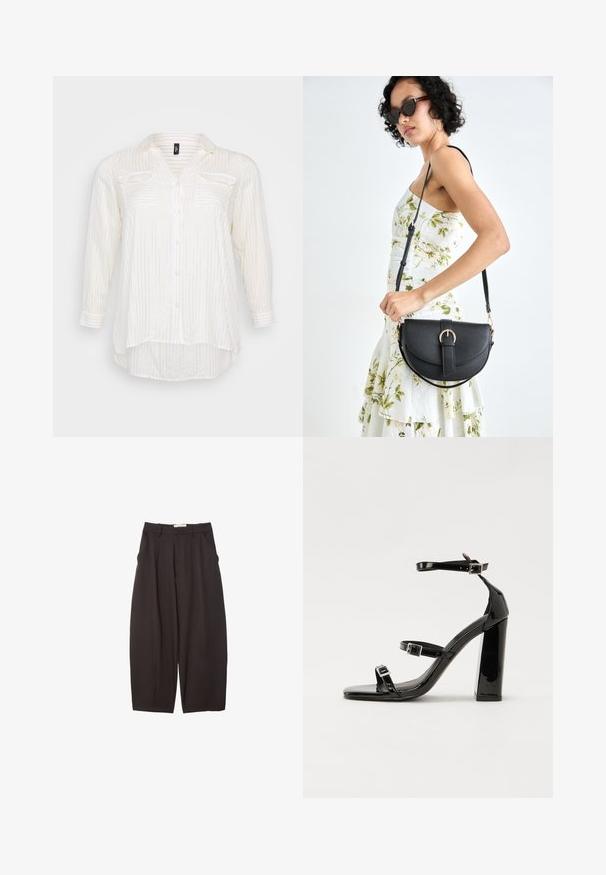 White button-up shirt with gold pinstripes, featuring a V-neck, two chest pockets, and long sleeves with cuff detail. Soft fabric texture.; Black wide-leg trousers made from a smooth fabric, featuring a high waist, front pleats, and side pockets. Simple design without embellishments.; Black patent heeled sandals with a square toe, ankle straps, and silver buckles. Features a chunky block heel for stability.; Black leather handbag with a curved shape, detachable strap, and gold hardware. The bag features a flap with a buckle detail.