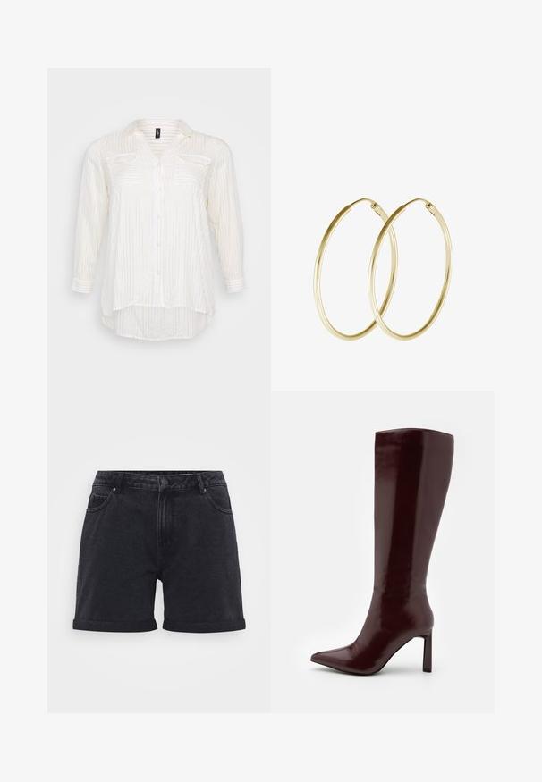 White button-up shirt with gold pinstripes, featuring a V-neck, two chest pockets, and long sleeves with cuff detail. Soft fabric texture.; Black denim shorts with a classic design, featuring folded hems, belt loops, and front pockets. Smooth texture with subtle stitching details.; Even&Odd Boots - dark red; Gold hoop earrings featuring a smooth, rounded design with a shiny finish. Lightweight construction with a secure clasp closure.