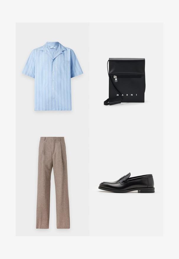 Šviesiai mėlyna, trumpomis rankovėmis marškiniai su vertikaliomis baltomis juostelėmis, mygtukų užsegimu ir krūtine kišene. Pagaminta iš lygios, lengvos medžiagos.; Rudos, aukšto liemens kelnes, pagamintas iš tekstūruotos medžiagos. Plati kojos, dvi priekinės klostės struktūrai. Tvarkingas apdailos darbai, be matomų detalių.; Juodos odinės loafers, turinčios lygų paviršių, apvalią noselę ir dekoratyvinę juostą per priekinę dalį. Žemas krentantis kulnas, minimalistinis dizainas.; Juodas odinis per petį nešiojamas krepšys su užtrauktuku ant priekio, iškilminiu logotipu ir reguliuojama juosta. Lygi tekstūra su struktūrizuota forma.