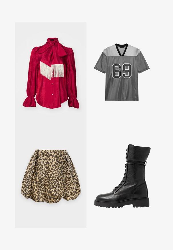 Vörös selyemblúz magas nyakkal és nagy masnival, hosszú puffos ujjakkal és fehér rojt részlettel a mellkasán. Elől gombos záródás.; Ezüst színű sportmez fényes vászon anyagból. Fekete V-nyakkal, nagy 69-es fehér számmal és három fehér csillaggal a bal felső részen.; Sister Jane LOLA SKIRT - A-vonalú szoknya - tan; Fekete bőr harci bakancs, texturált felülettel, térd fölé nyúló dizájnnal, fűzős elöl, és vastag, bordázott gumitalppal.