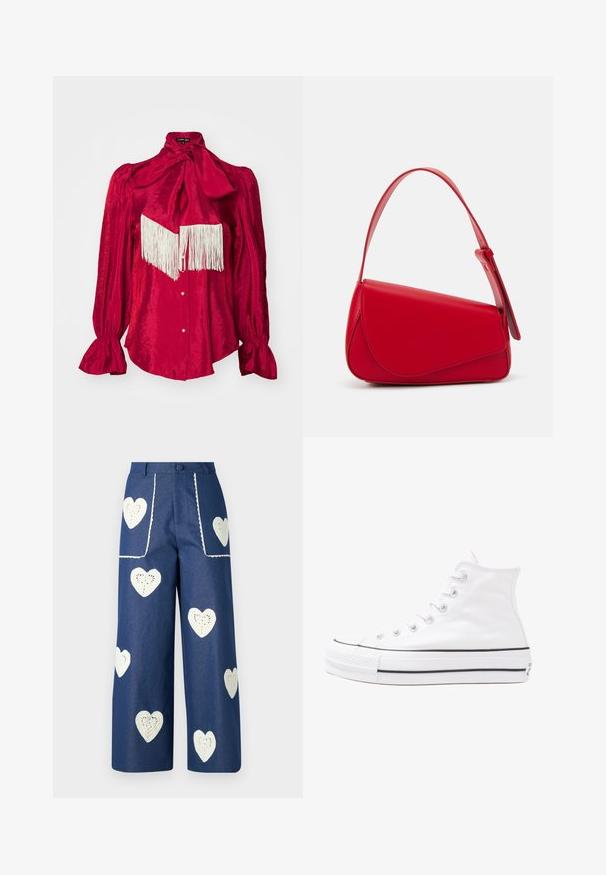 Rdeča satenska bluzica z visokim ovratnikom in velikim metuljčkom, dolge napihnjene rokave ter belim frfotom čez prsi. Zapenjanje na gumbih spredaj.; Sister Jane HEART TO HEART - Ravne kavbojke - blue denim; Beli visoki platneni športni čevelj z črnim gumijastim podplatom, sprednjim gumijastim zaščitnikom za prste in šestimi luknjicami za vezalke, ki se ponaša s preprostim, minimalističnim dizajnom.; Rdeča usnjena torba z angularnim, geometrijskim dizajnom. Ima en samostoječ nastavljiv ročaj in pokrov, zaprt z zapiranjem, ki je okrašen s šivi.