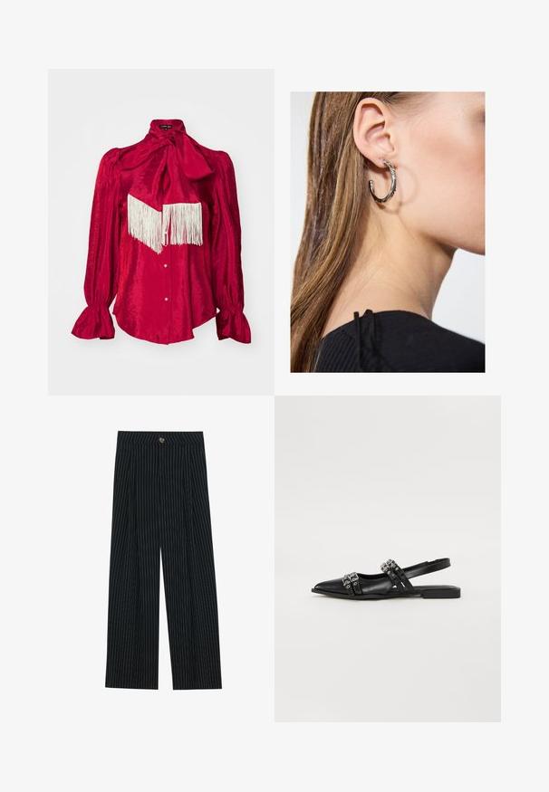 Raudona satino bluzonė su aukštu kaklu ir didele juostele, turi ilgas pūkuotas rankoves ir baltą pynimo detalę krūtinėje. Priekinis užsegimas mygtuku.; Juodos dryžuotos plačios kelnės, pagamintos iš tekstūruoto audinio, su priekyje esančia mygtukų uždarymo sistema ir raukšlėtu dizainu, kad būtų pridėta daugiau įdomumo.; Even&Odd Balerinos stiliaus laivutės su kulno dirželiu - black; Sidabrinė lankinė auskarai su poliruotu paviršiumi, turintys mažus auksinius akcentus ir apvalią formą, dėvimi ant ausies kaušelio.