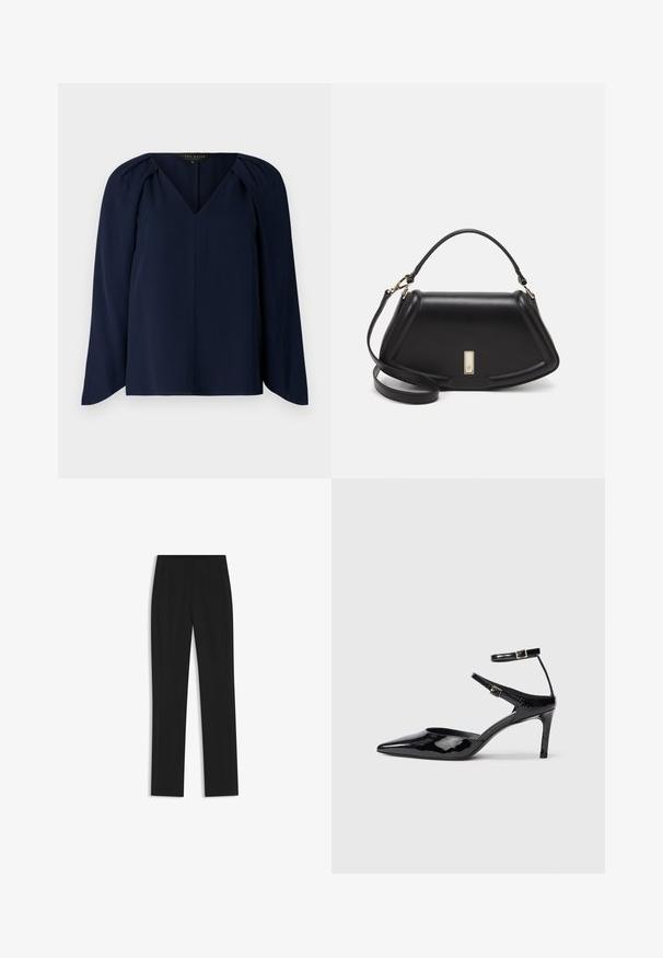 Mörkblå långärmad blus med V-ringning, med subtila veck vid axlarna och en jämn, mjuk textur. Enkel, elegant design.; Svarta skräddarsydda byxor med rak bendesign, som har framfickor och ett slätt, strukturerat tyg. Prydlig, minimal detaljer.; Svarta lackskinnshälar med spetsig tå, justerbara ankelremmar och en smal klack. Slät textur med en glänsande yta.; Svart läderhandväska med en strukturerad design, som har en avskuren form, ett handtag upptill och guldiga detaljer. Justerbar axelrem ingår.