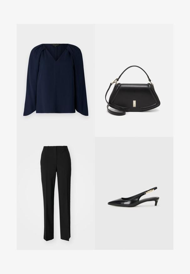 Mörkblå långärmad blus med V-ringning, med subtila veck vid axlarna och en jämn, mjuk textur. Enkel, elegant design.; Svarta skräddarsydda byxor med rak benform, med en slät yta och skarpa veck fram. Ingen synlig hårdvara.; Svart läder slingback-hälar med spetsig tå, med en smal klack och en guldtonad detalj på den justerbara remmen. Slät textur.; Svart läderhandväska med en strukturerad design, som har en avskuren form, ett handtag upptill och guldiga detaljer. Justerbar axelrem ingår.