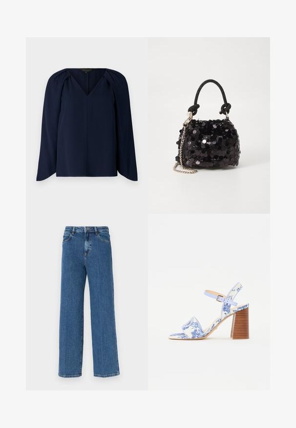 Tumesinine pikkade varrukatega pluus V-kaelusega, millel on õlavarstodude juures peened volangid ja sile, pehme tekstuur. Lihtne, elegantne disain.; Laiad sinised denim püksid, millel on kulunud viimistlus, viie tasku disain ning klassikaline nööbi ja tõmbluku sulgemine. Tekstuuriga kangas, millel on nähtavad õmblused.; Sinine lillemustriga sandaal ruudukujulise varbaga, laia riba ja reguleeritava pahkluu rihmaga, millel on tekstuuriga puidust plokk-kann.; Must have mustrõngus mustal sädelev mini käekotil on sõlme tekstuuriga rihm ja hõbedane ketis. Ümar kuju, kokku kogutud ülaosa ja peegeldav detail.