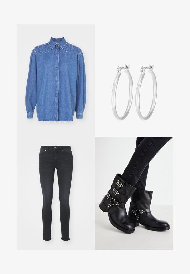 Modrá džínová košile s knoflíkovým zapínáním vpředu, límečkem a nafouklými rukávy. Pevná tkanina s jasnými ozdobami na ramenech.; Černý body s dlouhým rukávem a vysokým límcem, s pevným materiálem na trupu a průhlednými síťovanými rukávy, navržený v přiléhavém střihu.; Černé skinny džíny z denimu s středně vysokým pasem, pěti kapsami a roztrženým lemem. Materiál má hladkou texturu s mírnou pružností.; Černé kožené kotníkové boty se třemi sponami, zaoblenou špičkou a nízkým blokovým podpatkem. Design obsahuje hladké a texturované panely.; Stříbrné kruhové náušnice s hladkým, lesklým povrchem. Kulatý tvar a bezpečné zapínání na klip. Lehký design vhodný pro každodenní nošení.
