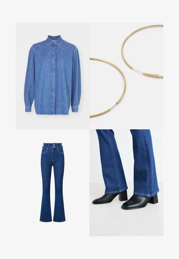 Traper košulja u plavoj boji, s dugmadi sprijeda, ovratnikom i napuhanim rukavima. Čvrsta tkanina s jasnim ukrasima na ramenima.; Lime zelena dugha majica s dugim rukavima i okruglim dekolteom s asimetričnim rubom. Lagani, rebrasti materijal s dekorativnim šavovima.; Traperice s visokim strukom i raširenim nogavicama u tamnoplavom denimu. Imaju zatvaranje na dvije gumbe, prednje džepove i suptilne šavove duž šavova.; Crne kožne čizme do gležnja sa square prstom i blok petom, uparenih s plavim trapericama s lepršavim nogavicama i kontrastnim šavovima na rubu.; Zlatne kružne naušnice, tanke i okrugle, s glatkom metalnom površinom bez ukrasa ili uzoraka.