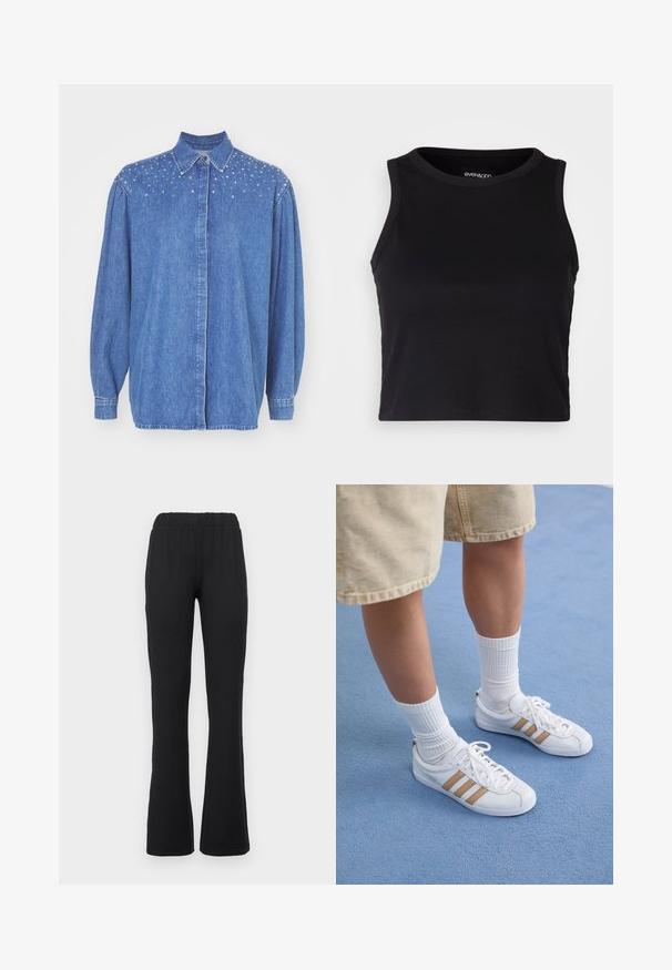 Kék farmering, gombos elöl, gallérral és puffos ujjal. Tartós anyag, egyértelmű díszítésekkel a vállakon.; Fekete bordás crop tank top kerek nyakkivágással és ujjtalan dizájnnal. Puha, rugalmas anyagból készült, tiszta, lekerekített szélű részletekkel.; Fekete, bővülő nadrág rugalmas derékkal, sima felülettel, látható minták vagy fém részletek nélkül.; Fehér sportcipők három aranycsíkkal, fűzős kialakítás, gumitalp, bordázott fehér zoknikkal és bézs sorttal viselve, kék felületen.