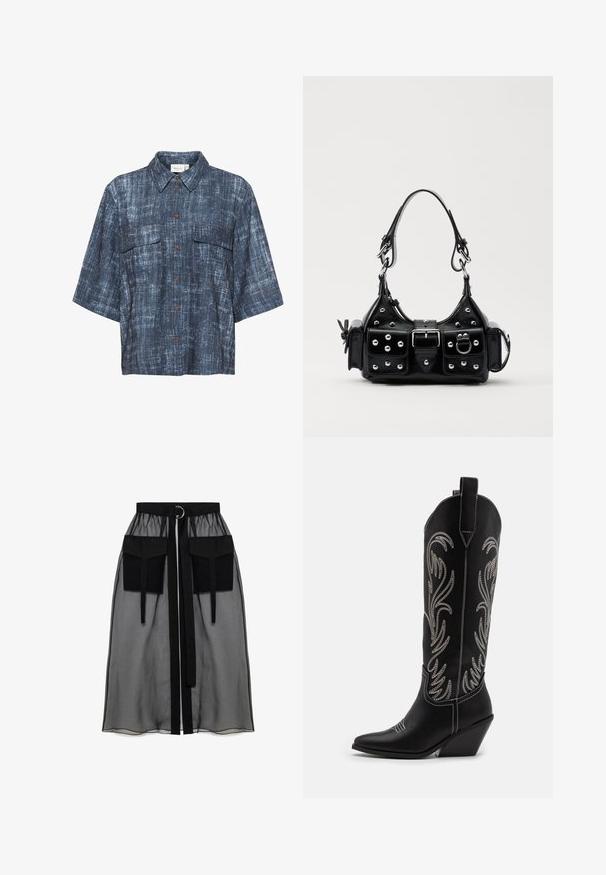 Gestuz DEMIA - Užsagstoma palaidinė - dark blue; Juoda permatoma sijonas su surinkta liemene, dviem didelėm priekinėm kišenėm, liemens raišteliu ir apvaliu metaliniu akcentu.; Juodi oda kaubojiški batai su smailiu nosiu, stulpeliu ir sidabriniais siuvinėti gėlių raštais palei šoną. Kontrastingas siuvinėjimas visoje bato dalyje.; Juodas odinis rankinukas su kreiviu dizainu, su sidabro spalvos knopkėmis, užsegimu ir dviem šoninėmis kišenėmis. Reguliuojama dirželis nešimui.