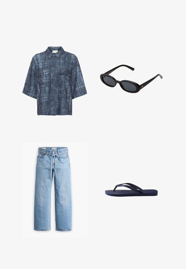 Gestuz DEMIA - Blusa com botões - dark blue; Calças largas de ganga azul claro com cintura alta, fecho de botão e zip e detalhe com cordão na cintura. Acabamento com bainha não tratada.; Chinelo azul-marinho com tiras de borracha texturizadas e sola, apresentando um padrão ondulado nas tiras e uma palmilha plana com nervuras.; Óculos de sol pretos oversized com lentes ovais, armação de plástico suave e detalhes em dourado nas hastes. As lentes escuras oferecem proteção solar.